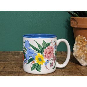 Vintage Bright Florals Coffee Tea Mug Cup - White and Blue